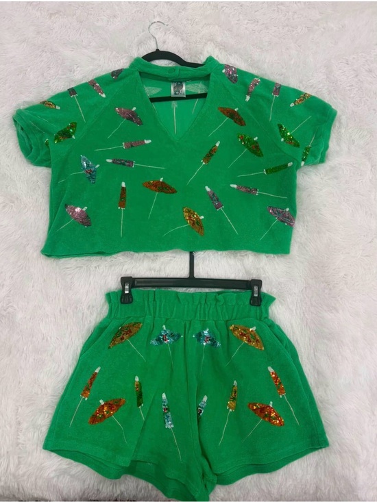QUEEN OF SPARKLES Pants - QUEEN OF SPARKLES Green Sequin Umbrella Two-Piece Shorts Set